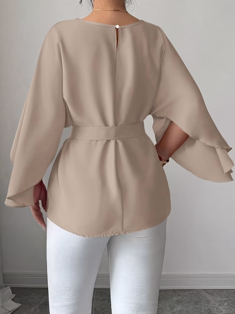French Style Round Neck Blouse Batwing Sleeve Shirt with Waist Tie Plus Size Women Flowy, Breathable, and Ultra‑Flattering Blouse Featuring a Draped Silhouette