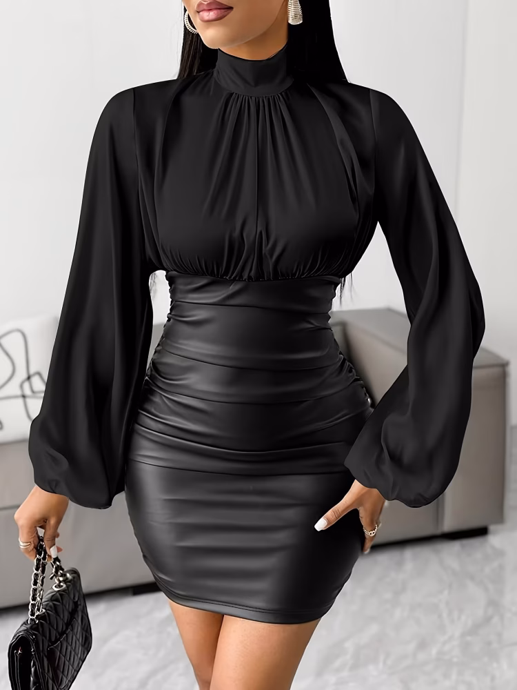 Elegant Women Mini Dress with Patch Pleats Color Blocked and Loose Fitting Long Sleeves, Business Dress.