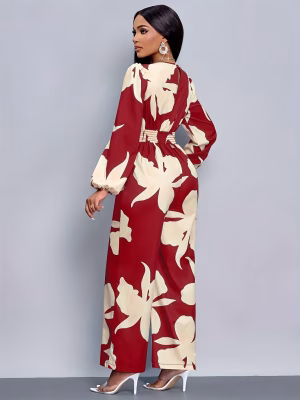 Floral Print Wide‑Leg Jumpsuit Elegant Women Red and White
