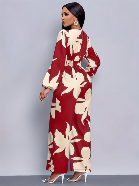 Floral Print Wide‑Leg Jumpsuit Elegant Women Red and White