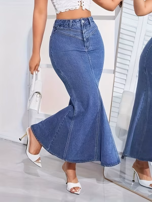 Flared Denim Maxi Skirt for Women Stylish High‑Waisted Attractive
