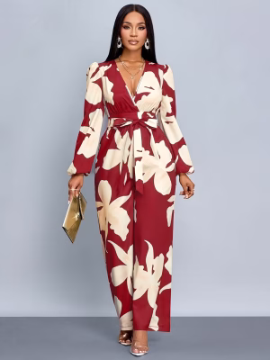 Floral Print Wide‑Leg Jumpsuit Elegant Women Red and White
