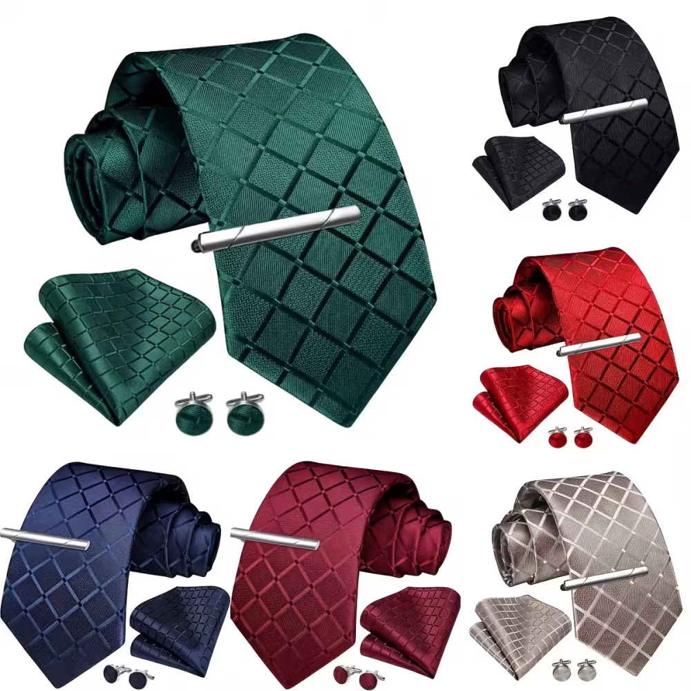 Luxury Men 4‑Piece Plaid Necktie Set Captivating Simple & Elegant