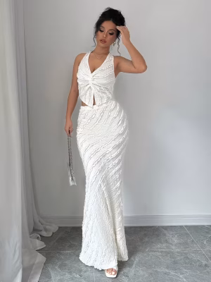 Mermaid Maxi Dress Set Women Elegant Two‑Piece featuring a Sleeveless V‑Neck Twist Halter Top and a Backless, Figure‑Hugging Bodycon Skirt a stunning, sculpted silhouette perfect for nights out, celebrations, and elevated events.