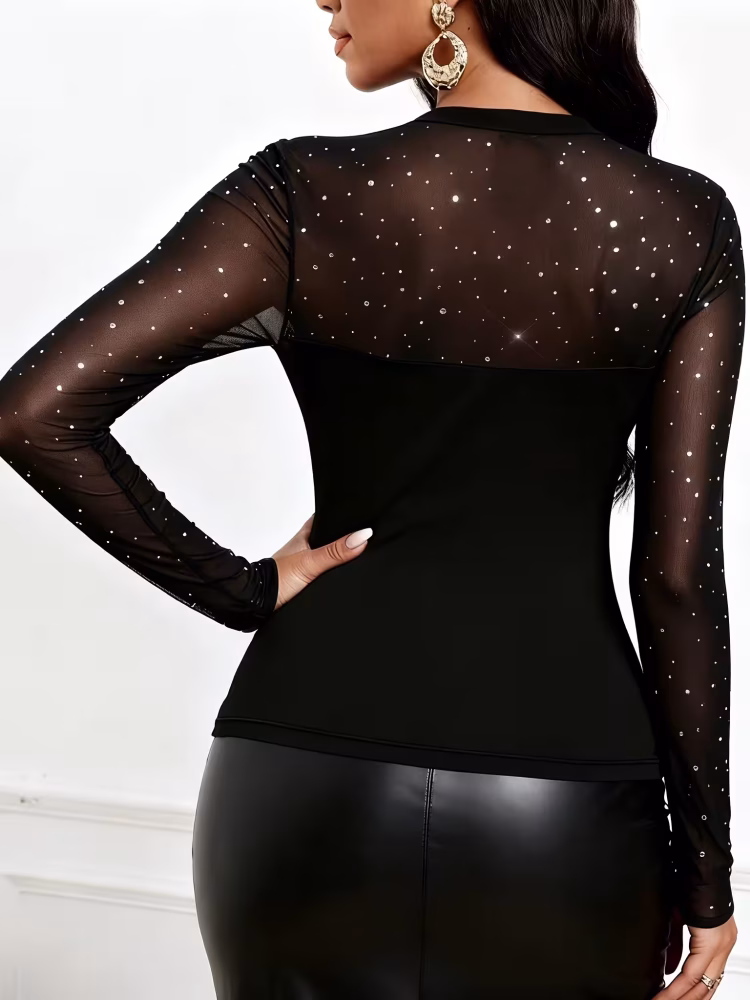 Elegant Long Sleeve Blouse Crew Neck Top Medium‑Stretch Fabric with Chic Contrast Mesh Detailing, Smooth Skinny Fit Silhouette, and Lightweight Comfort Perfect for Layering in Spring and Fall