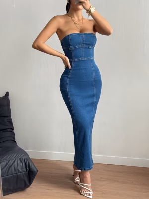 Stretchy Maxi Dress Slim Fit Strapless Attractive High-Waisted Denim with Back Slit