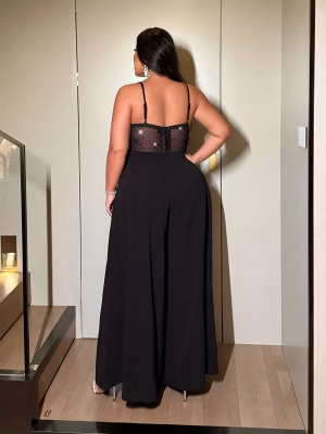 Sexy Party Halter Jumpsuit Sparkly Stretch Dazzling Mesh Wide‑Leg