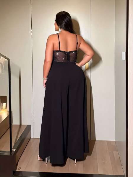 Sexy Party Halter Jumpsuit Sparkly Stretch Dazzling Mesh Wide‑Leg