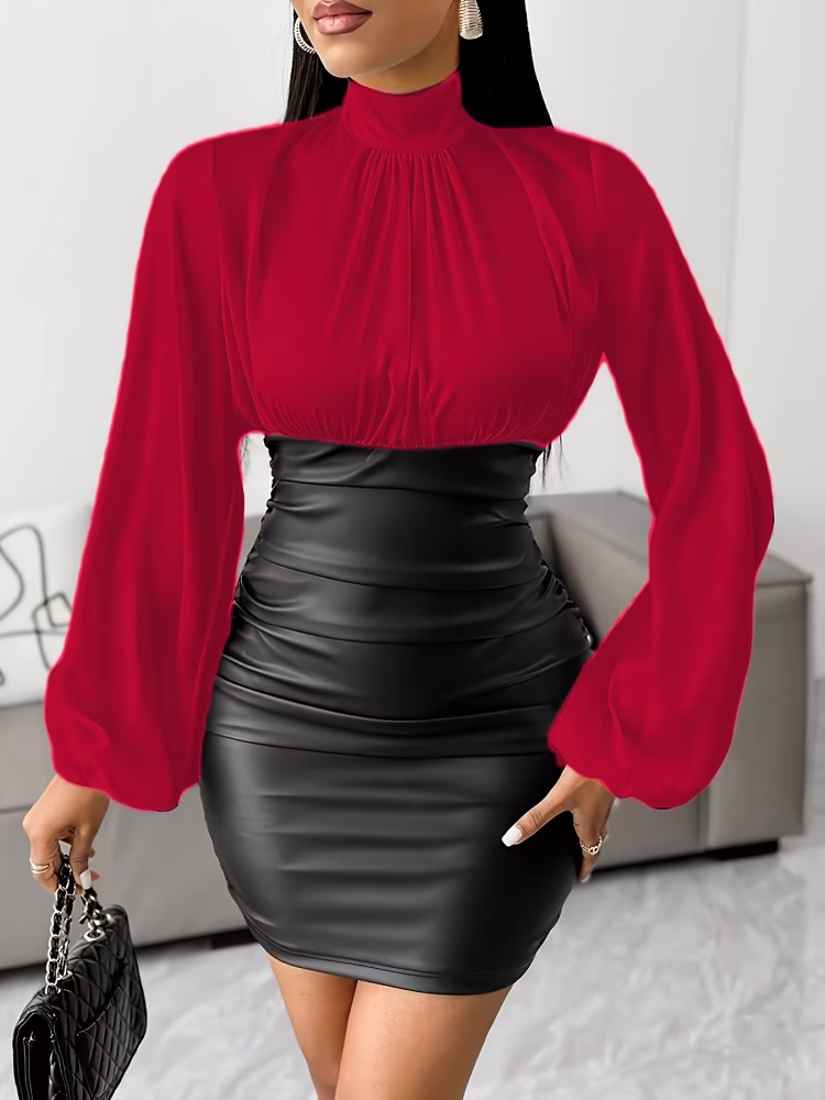 Elegant Women Mini Dress with Patch Pleats Color Blocked and Loose Fitting Long Sleeves, Business Dress.