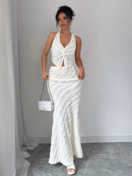 Mermaid Maxi Dress Set Women Elegant Two‑Piece featuring a Sleeveless V‑Neck Twist Halter Top and a Backless, Figure‑Hugging Bodycon Skirt a stunning, sculpted silhouette perfect for nights out, celebrations, and elevated events.