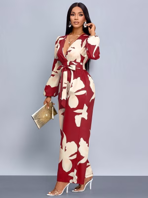 Floral Print Wide‑Leg Jumpsuit Elegant Women Red and White
