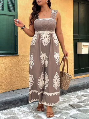 Sleeveless Jumpsuit with Wide Legs and High Waist Plush Women Plus Size Floral Print Casual Off-Shoulder Design for Spring and Summer Outings, Floral Print Jumpsuit