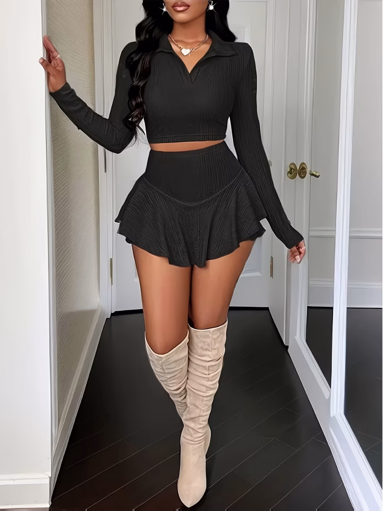 Elegant Beige Two‑Piece Set Long‑Sleeve Blouse & High‑Waisted Ruched Mini Skirt. A chic, coordinated look perfect for casual outings, weekend wear, and effortless everyday style