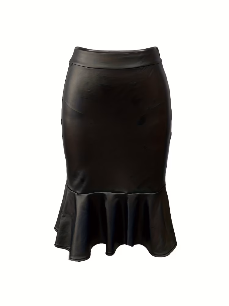 Ruffled Elegant Women Skirt Matte Black High‑Waisted Silhouette
