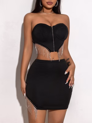 Sexy Black Tassel Chain Corset Top & Mini Skirt Set Off-Shoulder, Ruched Waist, Fringe Detail, Stretchy Polyester Blend, All-Season Wear, Tight Fitted Skirt
