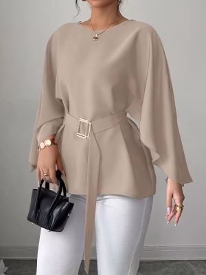 French Style Round Neck Blouse Batwing Sleeve Shirt with Waist Tie Plus Size Women Flowy, Breathable, and Ultra‑Flattering Blouse Featuring a Draped Silhouette