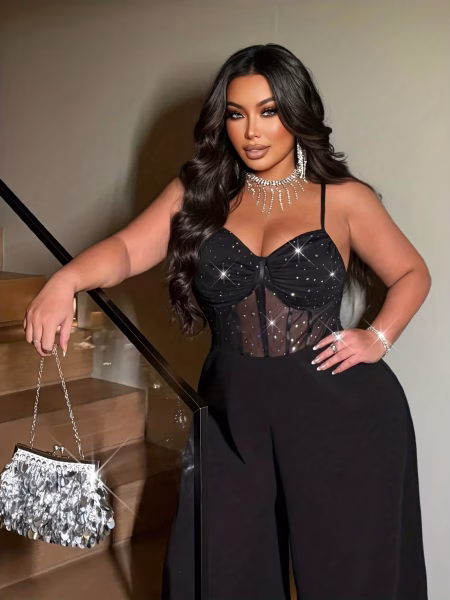 Sexy Party Halter Jumpsuit Sparkly Stretch Dazzling Mesh Wide‑Leg