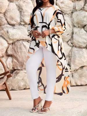Plus Size Women Printed Blouse Casual Elegant Summer Shirt with Asymmetrical Hem Soft, Airy, and Gracefully Draped Top Designed to Enhance Curves and Add Sophisticated Warm‑Weather Charm