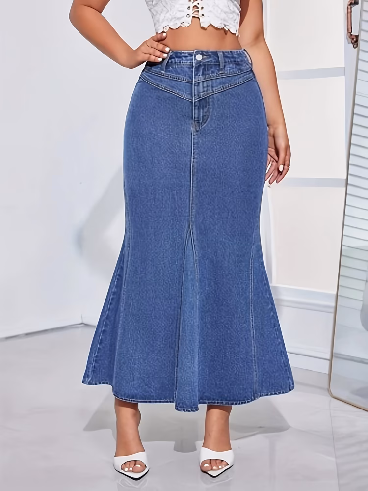 Flared Denim Maxi Skirt for Women Stylish High‑Waisted Attractive