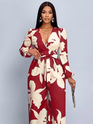Floral Print Wide‑Leg Jumpsuit Elegant Women Red and White
