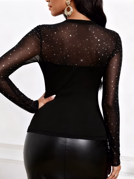 Elegant Long Sleeve Blouse Crew Neck Top Medium‑Stretch Fabric with Chic Contrast Mesh Detailing, Smooth Skinny Fit Silhouette, and Lightweight Comfort Perfect for Layering in Spring and Fall