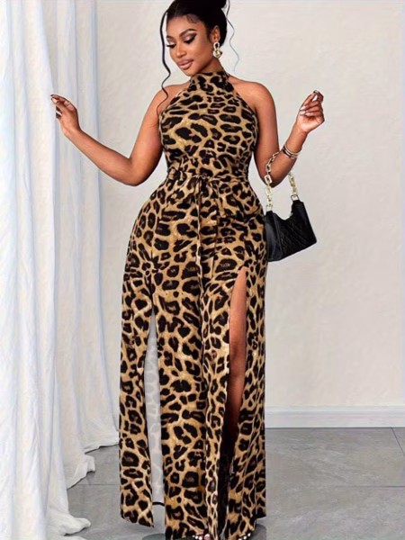 Chic Sleeveless Leopard Print Halter Jumpsuit a Glamorous Plus Size Confidence Boosting 1 Piece with a Modern Halter Neck, Eye‑Catching Animal Print, and a Sleek, Elongating Fit Designed for Effortless Elegance and All‑Day Comfort