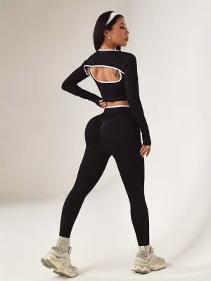 3-Piece Yoga Set with Alluring contrasting colors for women, featuring a vest, a pullover long-sleeved shawl and belt-cinching and hip-lifting long pants, is a exercise and fitness running set