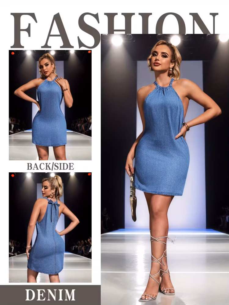 Stretch Denim Mini Dress Women Affordable Halter Neck, Sleeveless