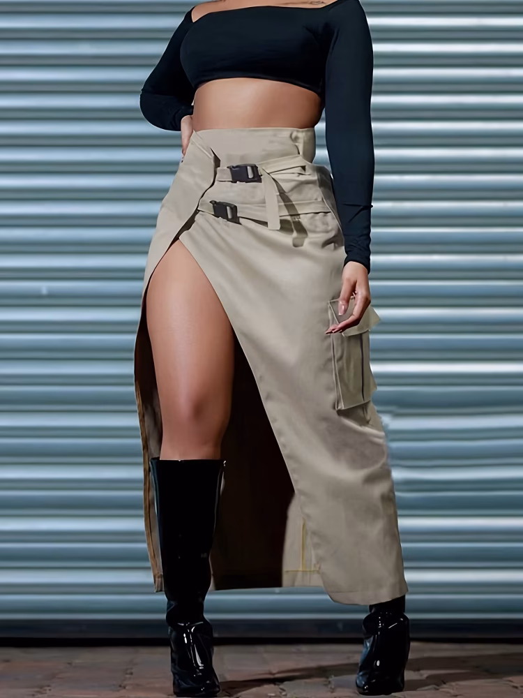 High-Waisted Asymmetrical Long Skirt with Charming Belt Women Casual