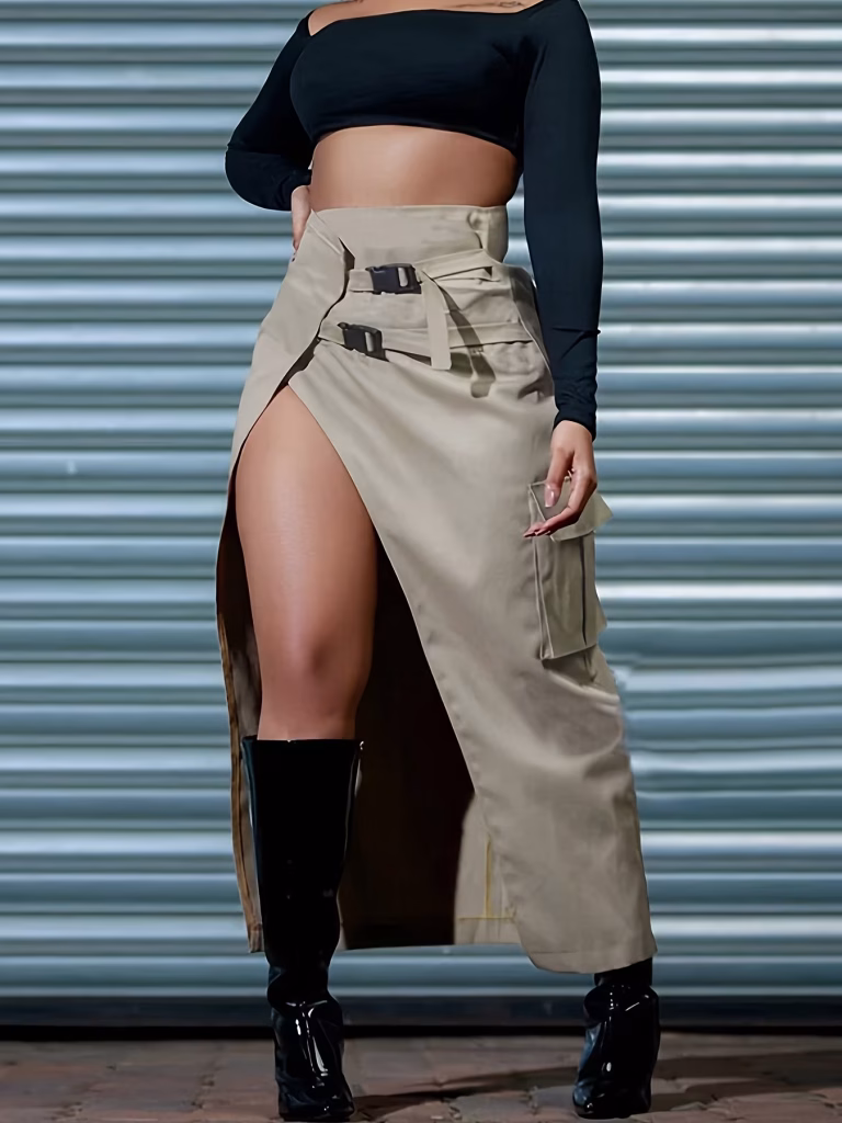 High-Waisted Asymmetrical Long Skirt with Belt Casual
