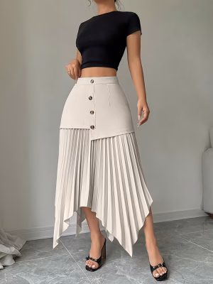 A Spring Season Maxi Skirt Captivating with an Asymmetrical Pleated Hem and Front Buttons, an Elegant Autumn Skirt with a Unique Button Closure and Pressed Pleats – Machine Washable for Casual and Formal Wear in Spring And Summer