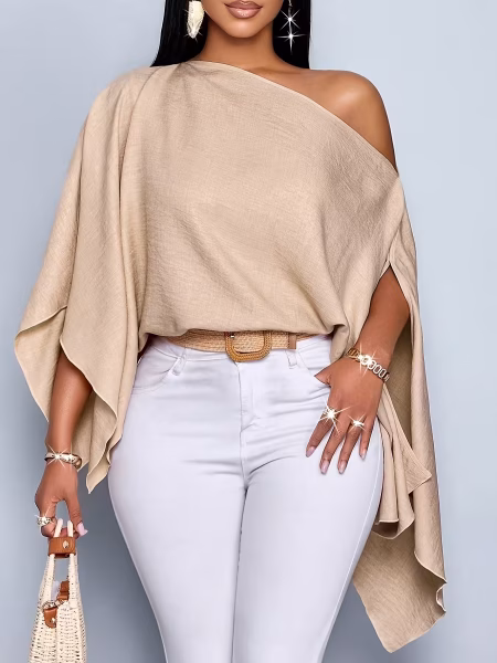 Fashionable Plus Size One‑Shoulder Blouse Featuring Cape Sleeve Detail and Asymmetrical Hemline