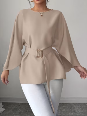 French Style Round Neck Blouse Batwing Sleeve Shirt with Waist Tie Plus Size Women Flowy, Breathable, and Ultra‑Flattering Blouse Featuring a Draped Silhouette