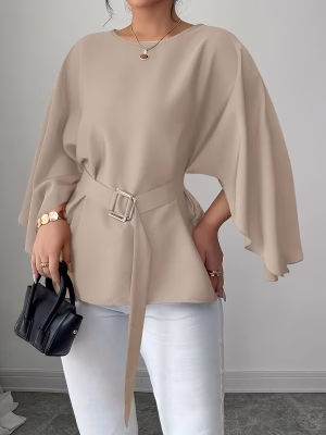French Style Round Neck Blouse Batwing Sleeve Shirt with Waist Tie Plus Size Women Flowy, Breathable, and Ultra‑Flattering Blouse Featuring a Draped Silhouette