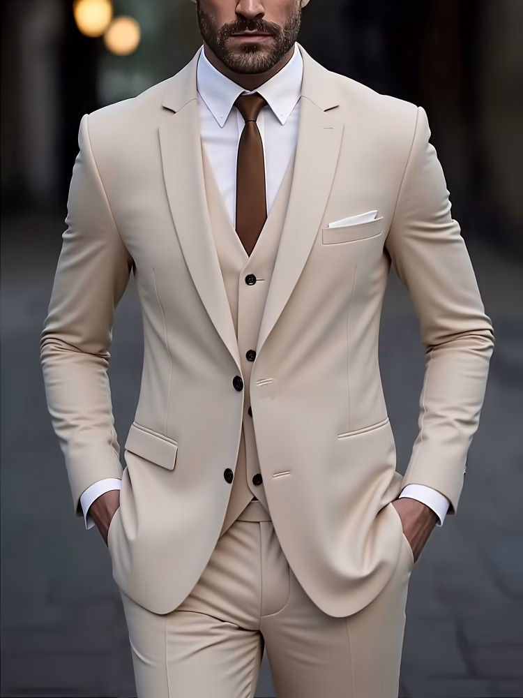 3 Pieces Set Blazers Jacket Pants Vest Double Slit Black Collar Fashion New Men Stretch Fabric Boutique Solid Color Business Slim Fit Groom’s Office Wedding Best for Man Work Dress Suit Trousers Waistcoat