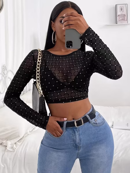 Semi‑Sheer Crop Top for Women Long Sleeve Black Mesh Crop with Rhinestones, Glittery Party Wear, Semi‑Sheer Polyester Fabric, Sexy Clubwear Top, Machine Washable & Perfect for Night Out or Festival Outfit