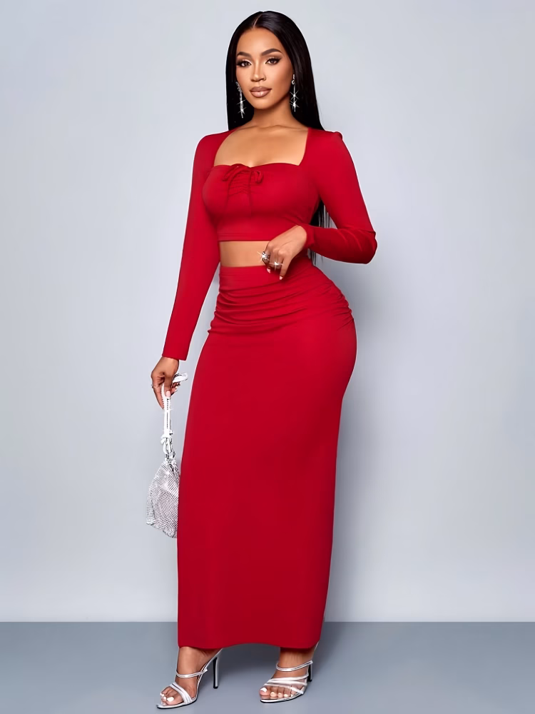 2/Pcs Set Top and Skirt for Women Sexy Elegant Two‑Piece with Square Neck, Long Sleeves & Front‑Tie Butterfly Dress, Ideal for Parties & Event