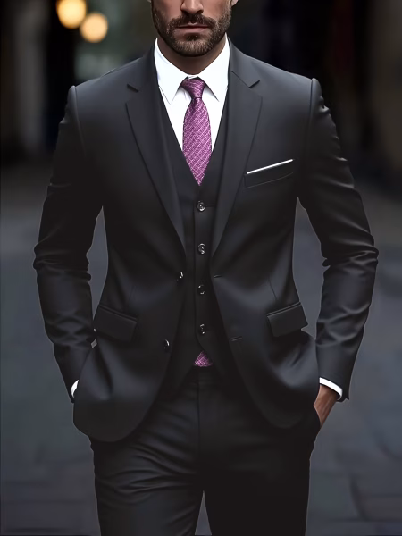 3 Pieces Set Blazers Jacket Pants Vest Double Slit Black Collar Fashion New Men Stretch Fabric Boutique Solid Color Business Slim Fit Groom’s Office Wedding Best for Man Work Dress Suit Trousers Waistcoat