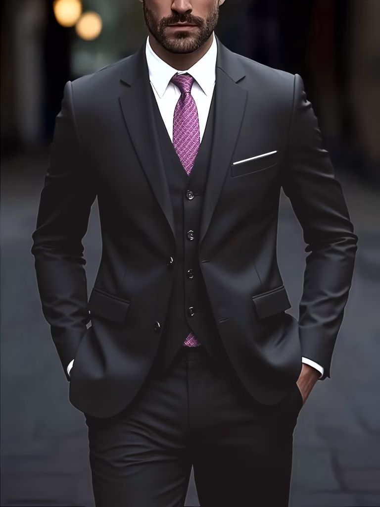 3 Pieces Set Blazers Jacket Pants Vest Double Slit Black Collar Fashion New Men Stretch Fabric Boutique Solid Color Business Slim Fit Groom’s Office Wedding Best for Man Work Dress Suit Trousers Waistcoat