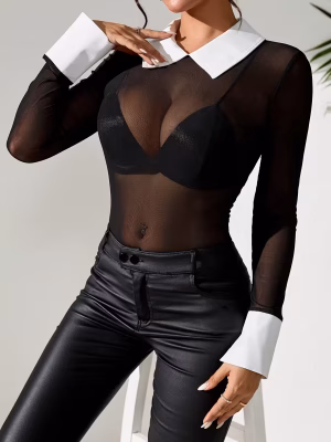 Chic Sheer Mesh Blouse Long Sleeve T‑Shirt for Women with Stylish Contrast