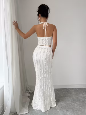 Mermaid Maxi Dress Set Women Elegant Two‑Piece featuring a Sleeveless V‑Neck Twist Halter Top and a Backless, Figure‑Hugging Bodycon Skirt a stunning, sculpted silhouette perfect for nights out, celebrations, and elevated events.