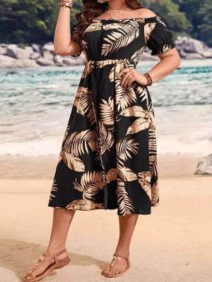 Tropical Print Summer Jumpsuit Elegant Attractive Off‑Shoulder Plus Size Strapless One‑Piece with Vibrant Floral Patterns and Airy Non‑Stretch Fabric for Breezy Vacation and Warm‑Weather Outings