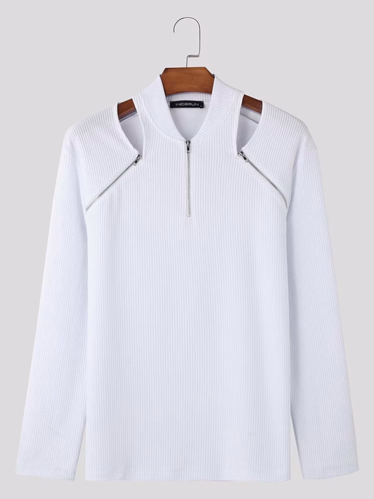 Knit T-Shirt with Hollowed Shoulders, Men Captivating V Neck