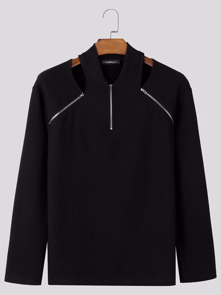 Knit T-Shirt with Hollowed Shoulders, Men Captivating V Neck