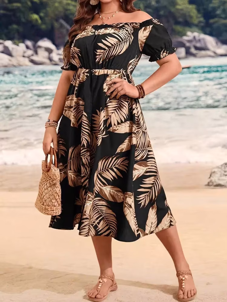 Tropical Print Summer Jumpsuit Elegant Attractive Off‑Shoulder Plus Size Strapless One‑Piece with Vibrant Floral Patterns and Airy Non‑Stretch Fabric for Breezy Vacation and Warm‑Weather Outings