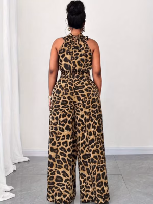 Chic Sleeveless Leopard Print Halter Jumpsuit a Glamorous Plus Size Confidence Boosting 1 Piece with a Modern Halter Neck, Eye‑Catching Animal Print, and a Sleek, Elongating Fit Designed for Effortless Elegance and All‑Day Comfort