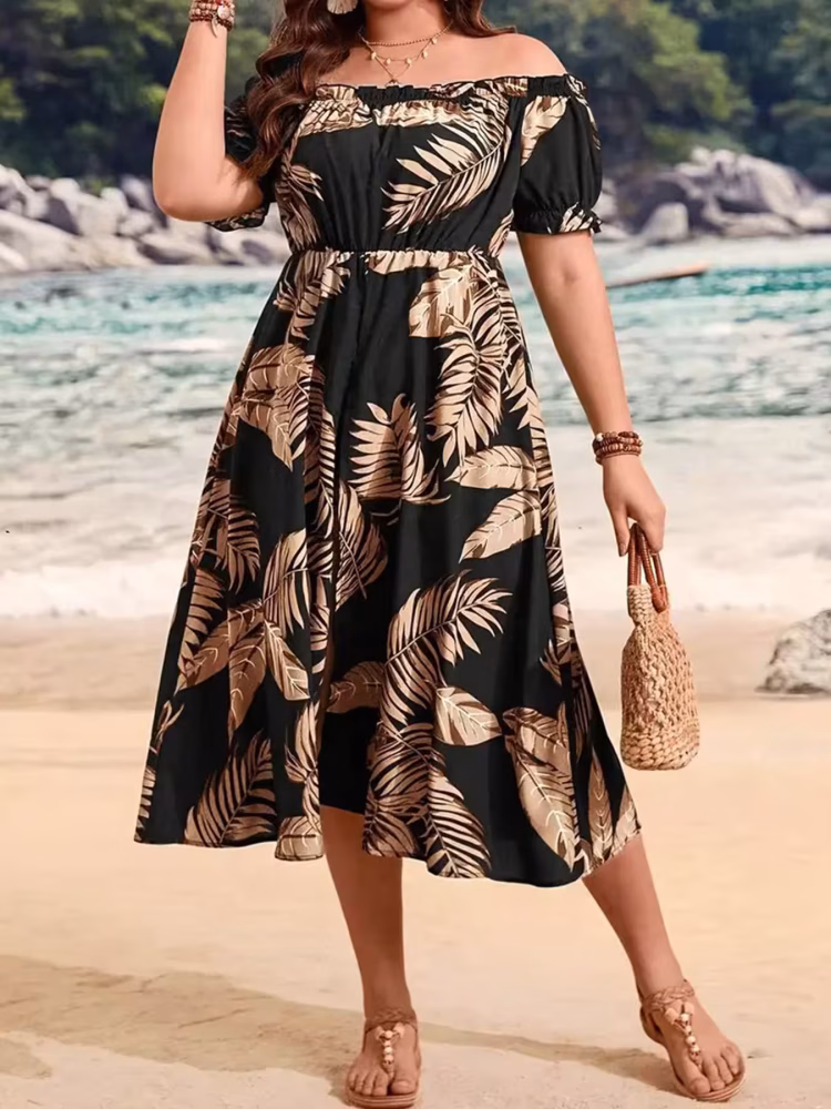 Tropical Print Summer Jumpsuit Elegant Attractive Off‑Shoulder Plus Size Strapless One‑Piece with Vibrant Floral Patterns and Airy Non‑Stretch Fabric for Breezy Vacation and Warm‑Weather Outings