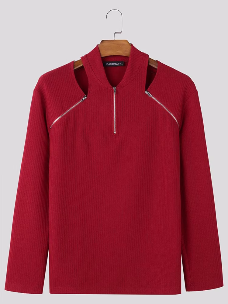 Knit T-Shirt with Hollowed Shoulders, Men Captivating V Neck