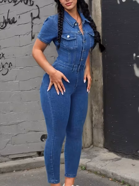 Slim Fit Stretch Jumpsuit Charming Celebrity Loved - Blue, XS