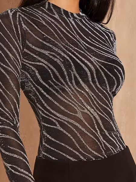 Stylish Blouse Women Fashion Mesh in Silvery Tones a chic, lightweight knit perfect for everyday wear, seasonal styling, and effortless elegance. Crafted from high‑quality, breathable material, this elevates any summer wardrobe and transitions seamlessly into office‑casual looks